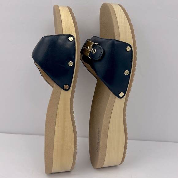 Dr Scholl’s SHOES, NAVY BLUE LEATHER TOP, ADJUSTABLE TOP STRAP, WOODEN SOLE, 9M - Picture 9 of 16